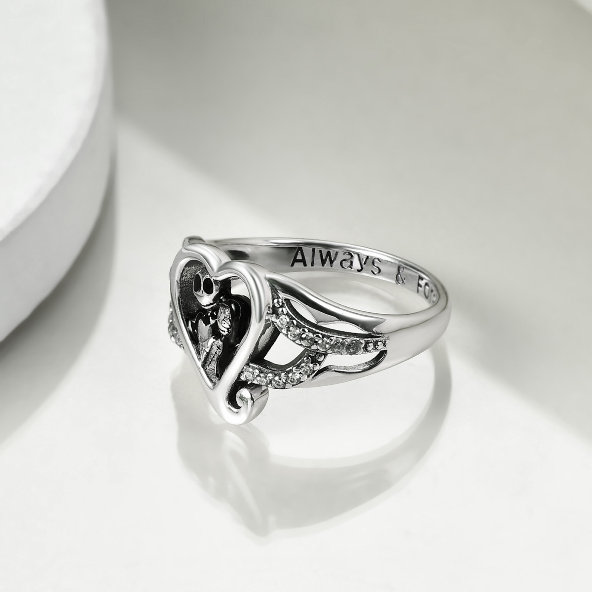 Sterling Silver Circular Shaped Cubic Zirconia Heart & Skeleton Ring with Engraved Word-4