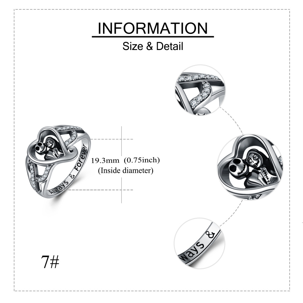 Sterling Silver Round Shaped Cubic Zirconia Heart & Skeleton Ring with Engraved Word-5