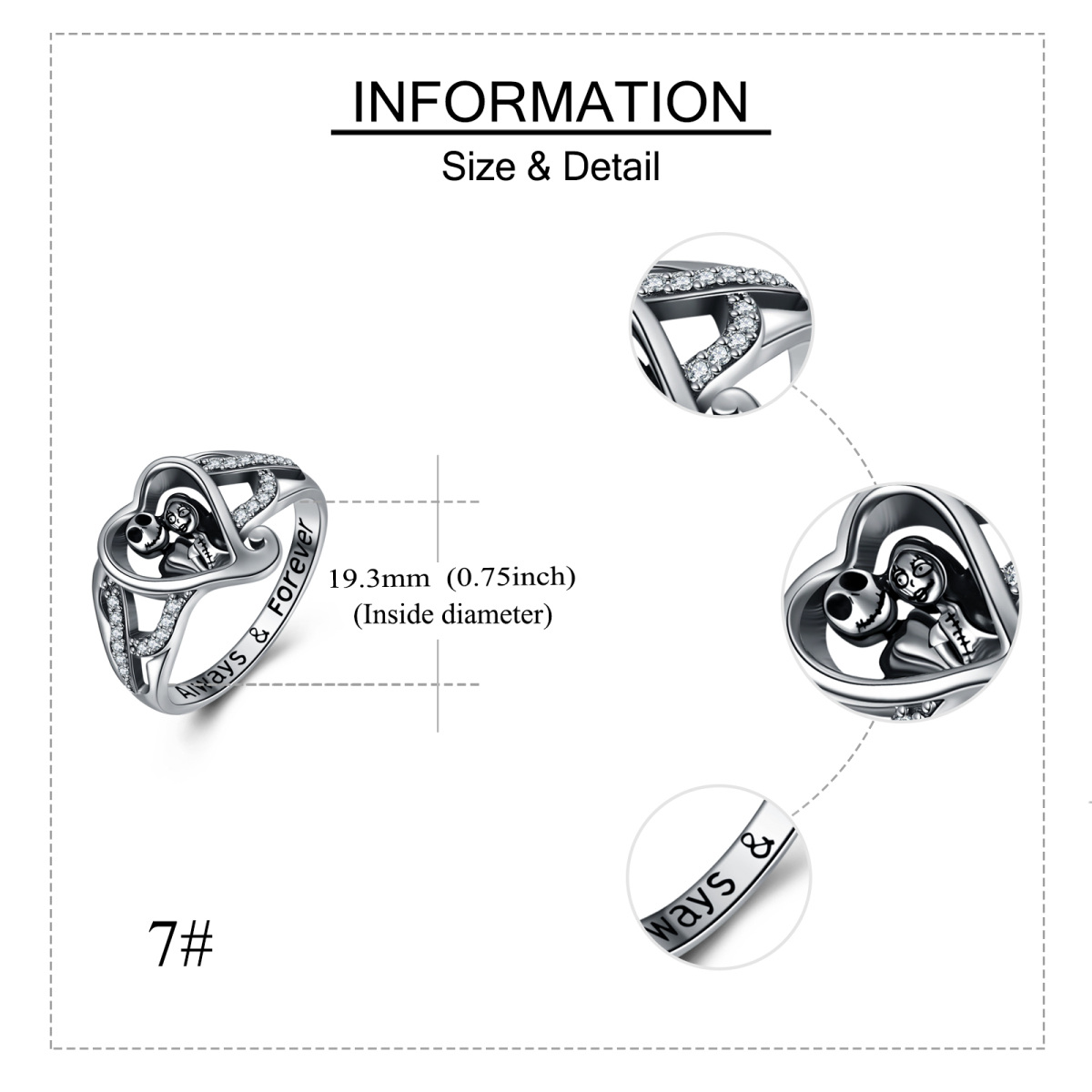 Sterling Silver Circular Shaped Cubic Zirconia Heart & Skeleton Ring with Engraved Word-5