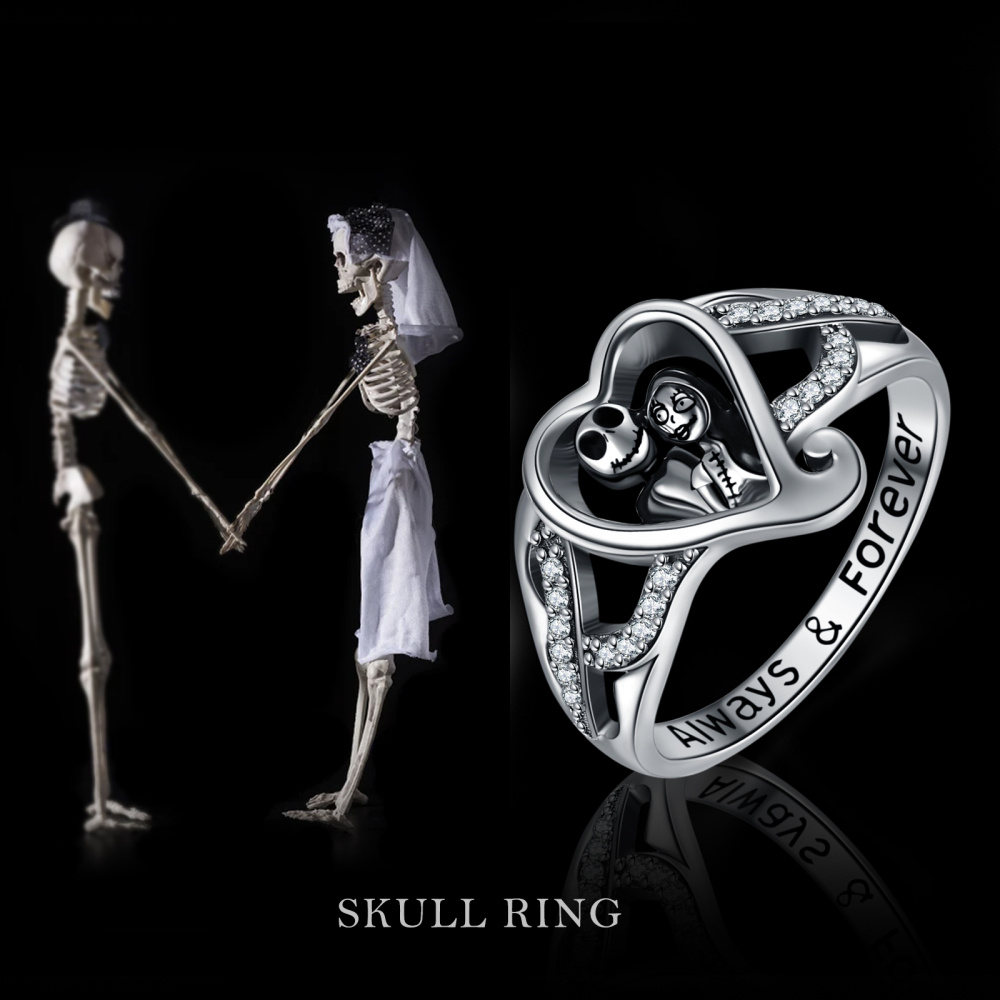 Sterling Silver Round Shaped Cubic Zirconia Heart & Skeleton Ring with Engraved Word-6
