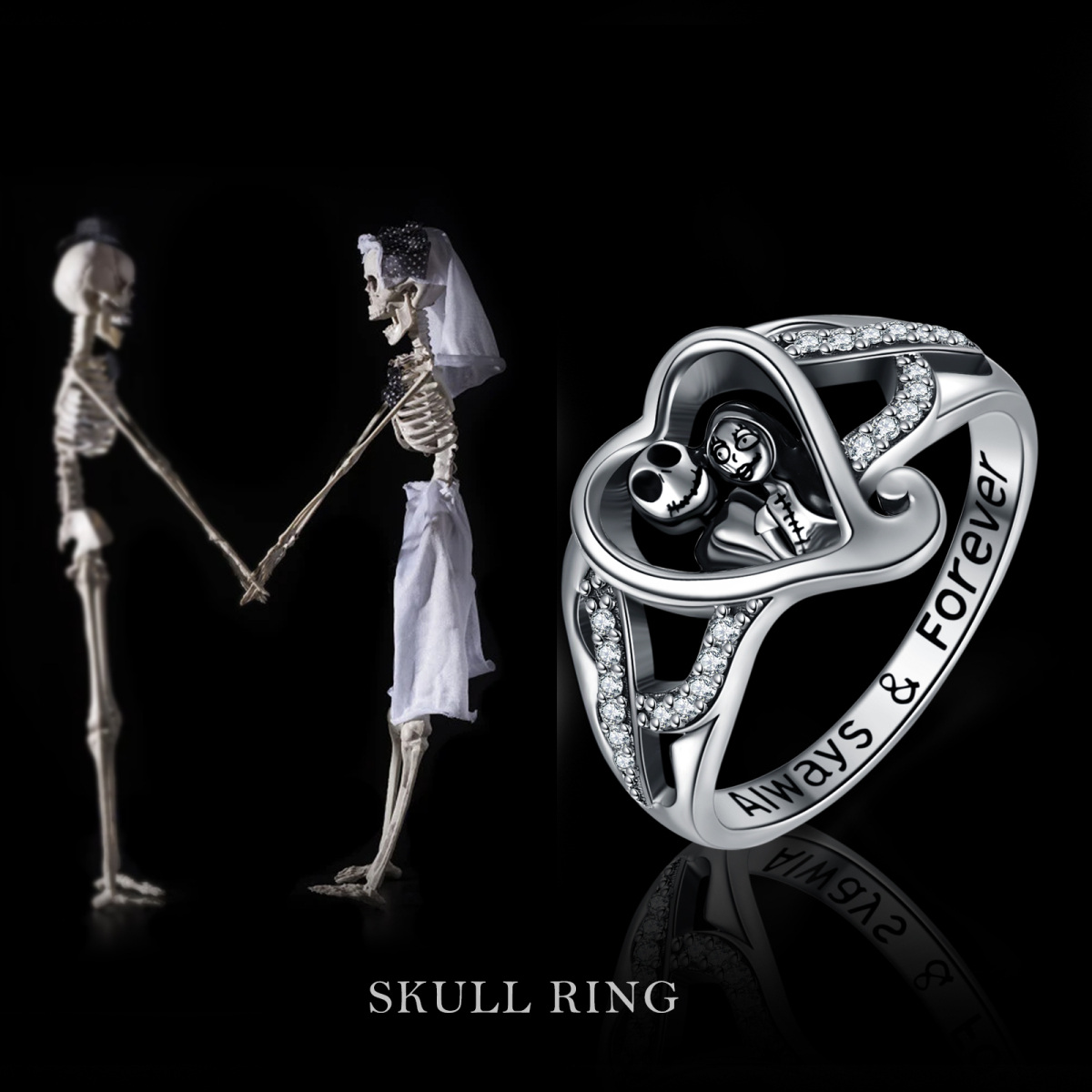 Sterling Silber Kreisförmiger Zirkonia Herz Skelett Ring mit eingraviertem Wort-6