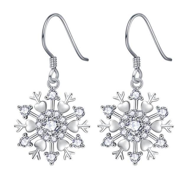 Sterling Silver Circular Shaped & Heart Shaped Cubic Zirconia Snowflake Drop Earrings-5