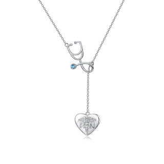 Sterling Silver Circular Shaped Cubic Zirconia Heart & Stethoscope Adjustable Y Necklace-13