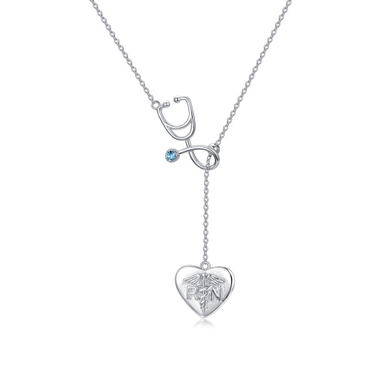 Sterling Silver Circular Shaped Cubic Zirconia Heart & Stethoscope Adjustable Y Necklace