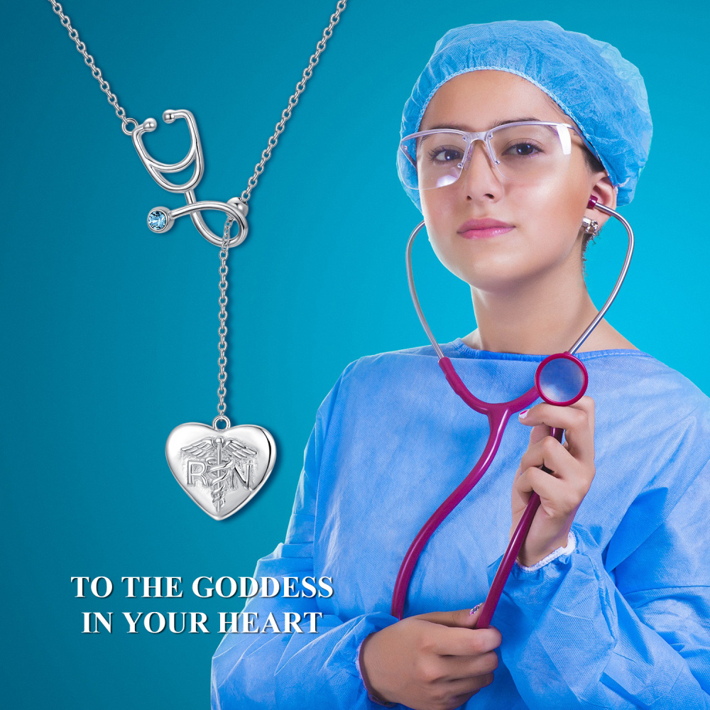 Sterling Silver Circular Shaped Cubic Zirconia Heart & Stethoscope Adjustable Y Necklace-5