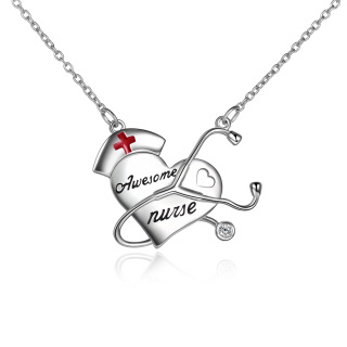 Sterling Silver Circular Shaped Cubic Zirconia Heart & Stethoscope Pendant Necklace-4