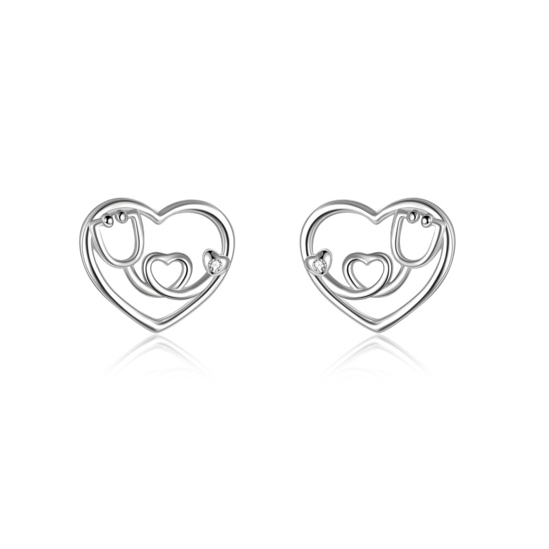 Sterling Silver Circular Shaped Cubic Zirconia Heart & Stethoscope Stud Earrings-3