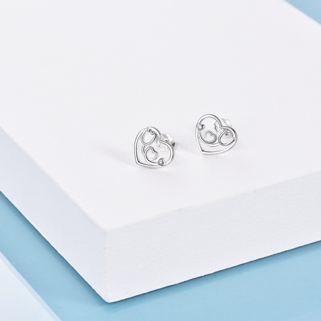 Sterling Silver Circular Shaped Cubic Zirconia Heart & Stethoscope Stud Earrings-3