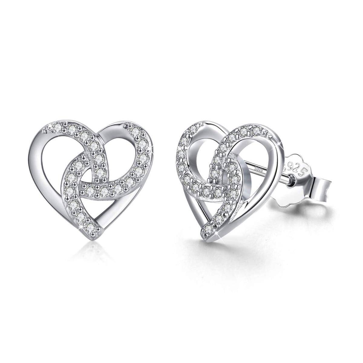 Sterling Silver Circular Shaped Cubic Zirconia Heart Stud Earrings-1