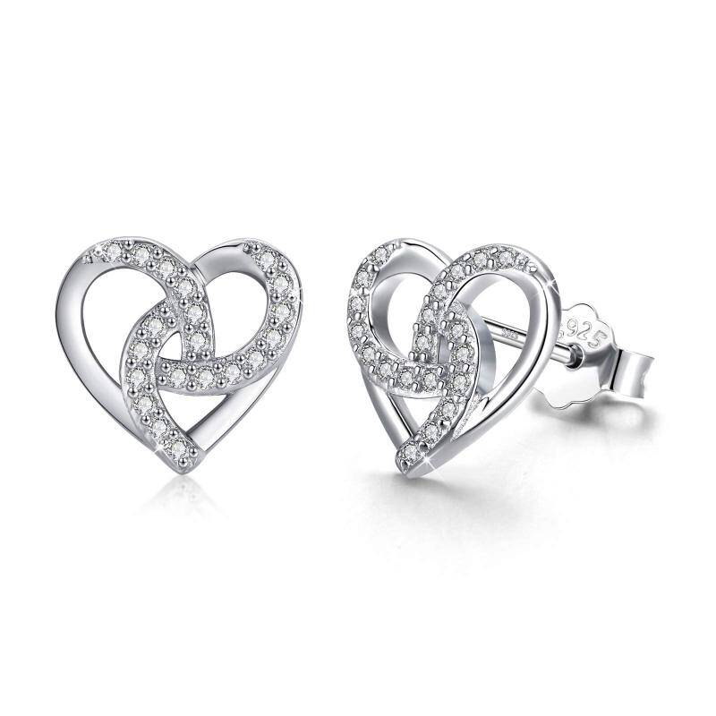 Sterling Silver Circular Shaped Cubic Zirconia Heart Stud Earrings