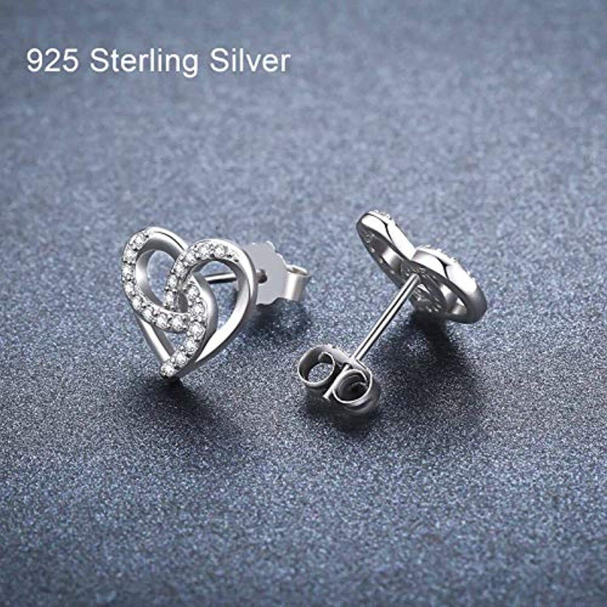 Sterling Silver Circular Shaped Cubic Zirconia Heart Stud Earrings-3