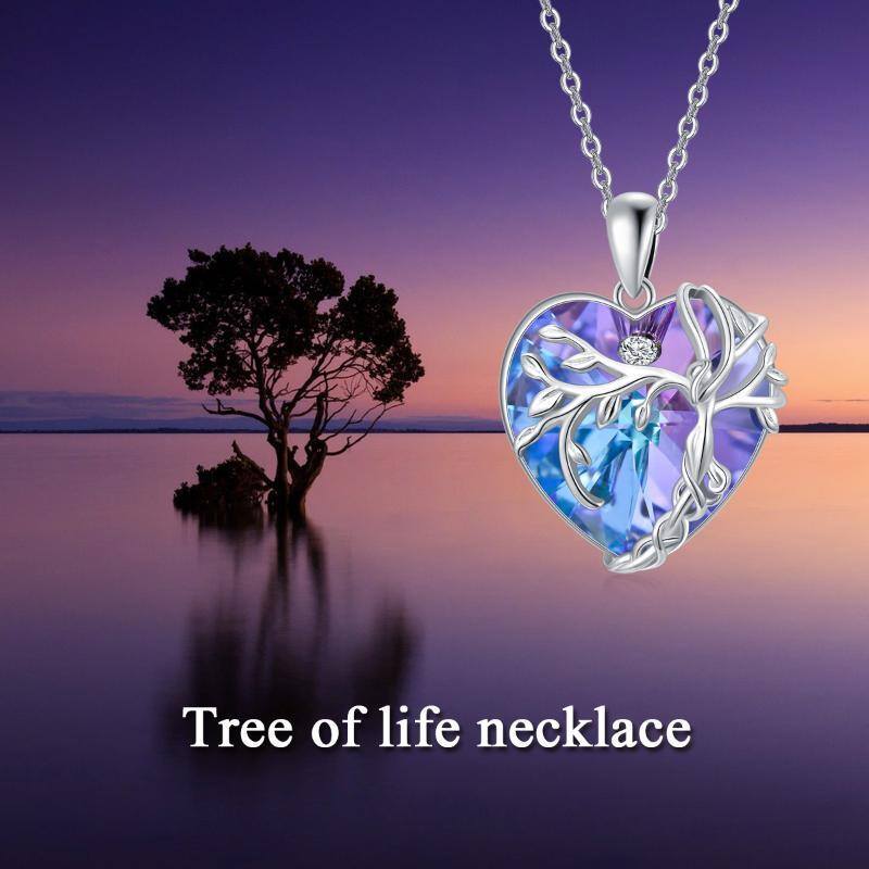 Sterling Silver Tree Of Life & Heart Crystal Pendant Necklace For Women-5