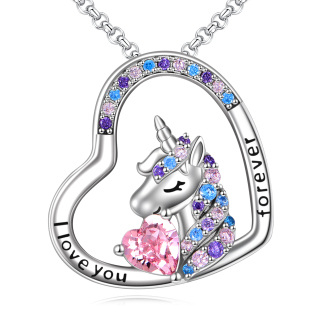 Sterling Silver Circular Cubic Zirconia Heart Unicorn Pendant Necklace With Engraved Word For Woemn-2