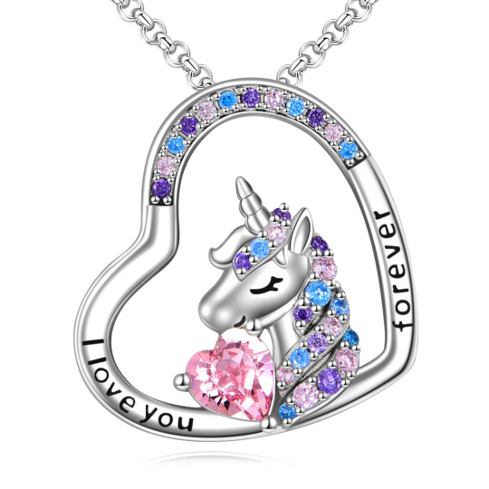 Sterling Silver Circular Cubic Zirconia Heart Unicorn Pendant Necklace With Engraved Word For Woemn