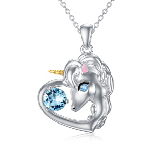 Sterling Silver Circular Shaped Cubic Zirconia Heart & Unicorn Pendant Necklace-15