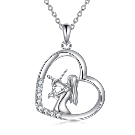 Collana con ciondolo a forma di cuore e violino in argento sterling a forma di cerchio con zirconia cubica