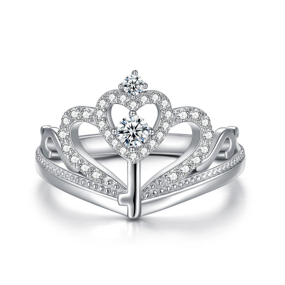 Anel de casamento de prata esterlina circular com zircônia cúbica e coroa e coração-1