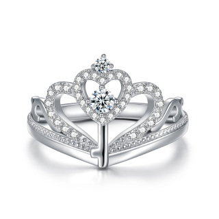 Sterling Silver Circular Shaped Cubic Zirconia Crown & Heart Wedding Ring-56