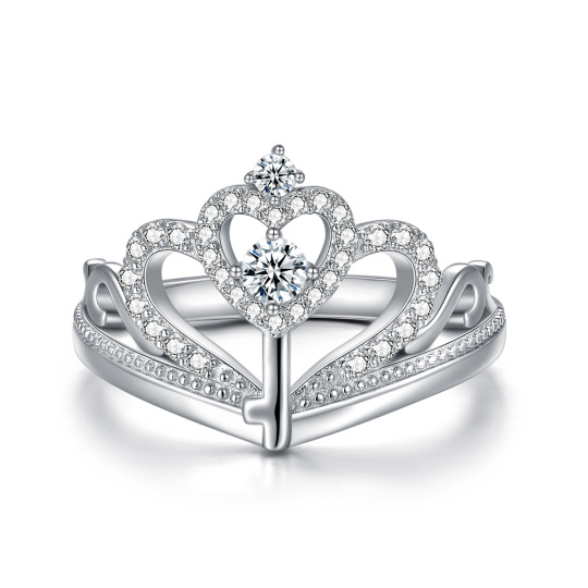 Sterling Silver Circular Shaped Cubic Zirconia Crown & Heart Wedding Ring