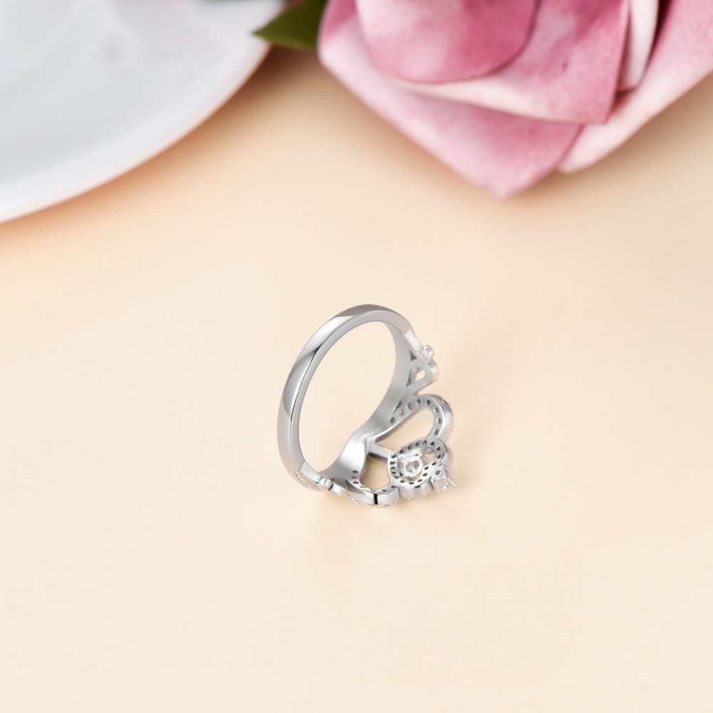 Anel de casamento de prata esterlina circular com zircônia cúbica e coroa e coração-4