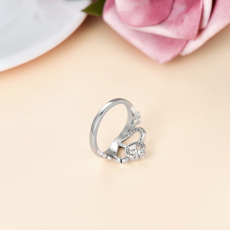 Sterling Zilveren Ronde Vormige Kubieke Zirkonia Kroon Hart Trouwring-4