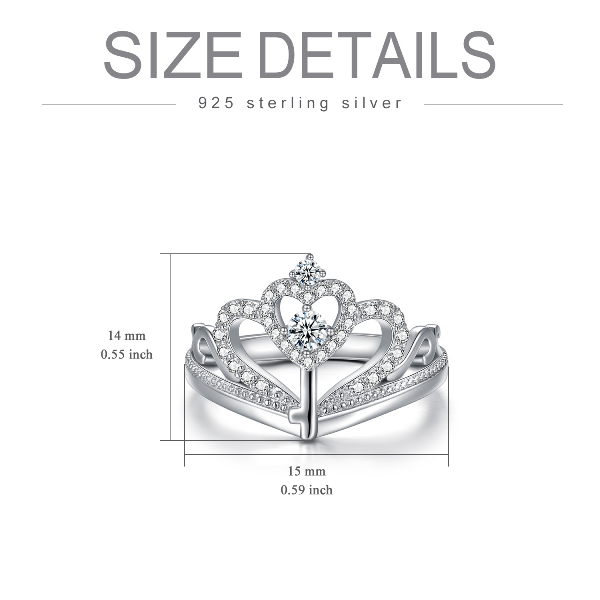 Ehering aus Sterlingsilber mit rundem Zirkonia und Krone und Herz-5