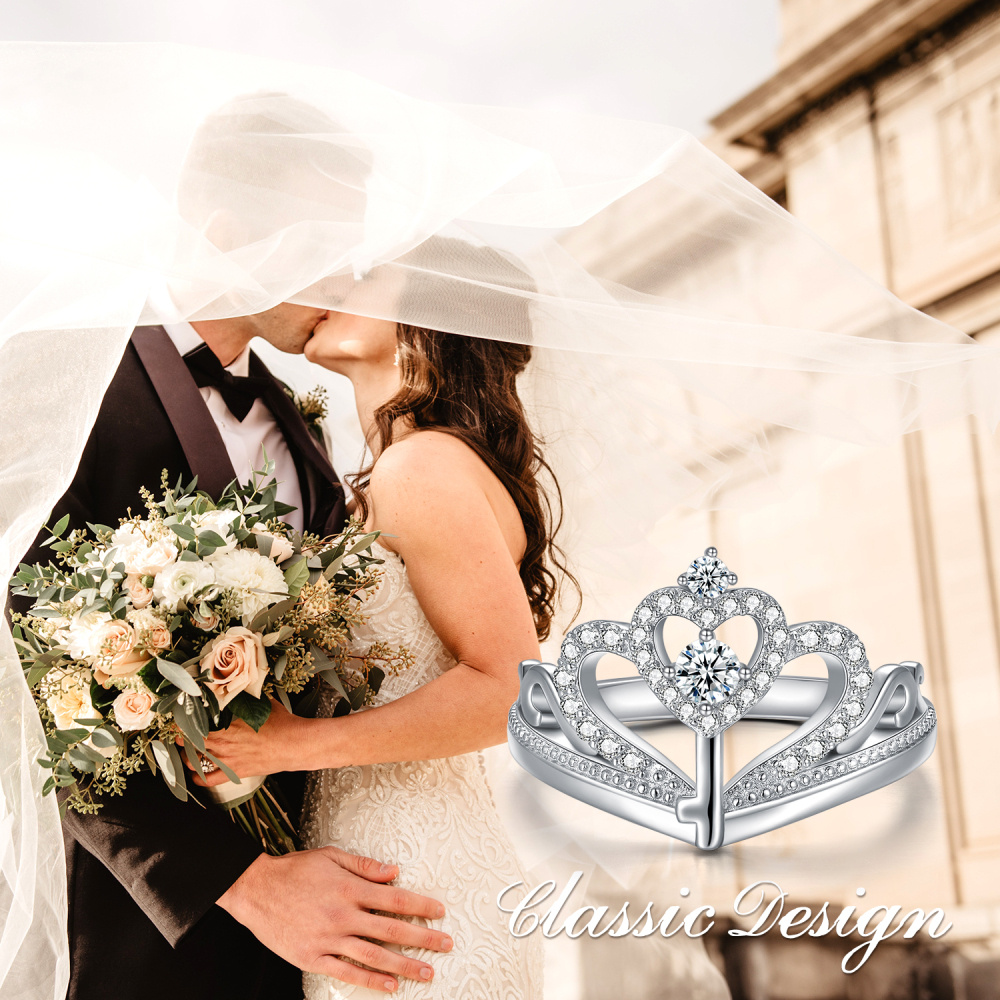 Anel de casamento de prata esterlina circular com zircônia cúbica e coroa e coração-6