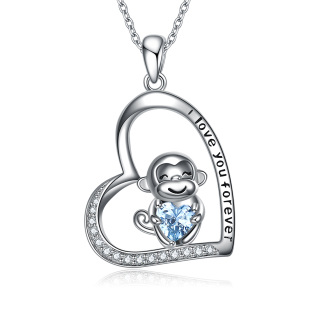 Sterling Silver Heart Zircon Monkey Pendant Necklace With Engraved Word For Women-4