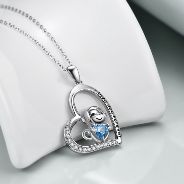 Sterling Silver Circular Shaped & Heart Shaped Zircon Monkey & Heart Pendant Necklace with Engraved Word-3