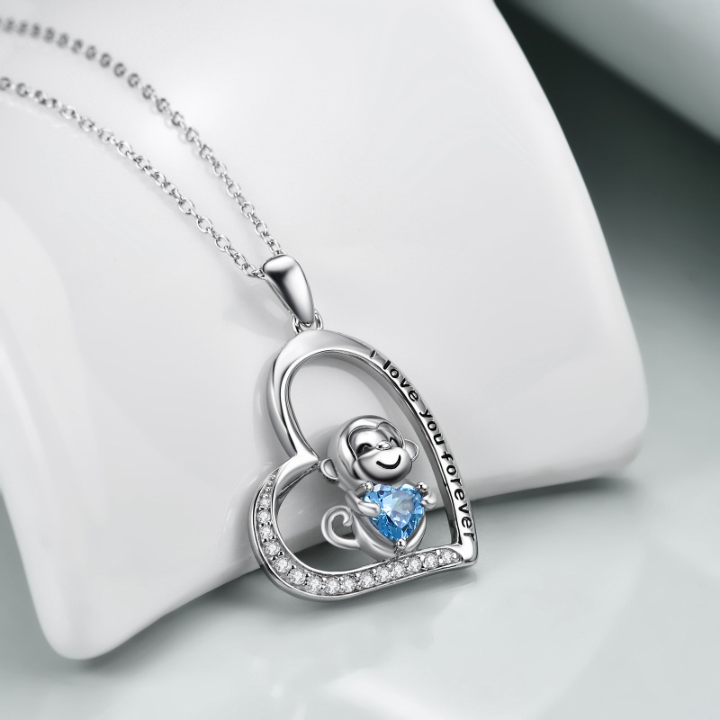 Sterling Silver Heart Zircon Monkey Pendant Necklace With Engraved Word For Women-3