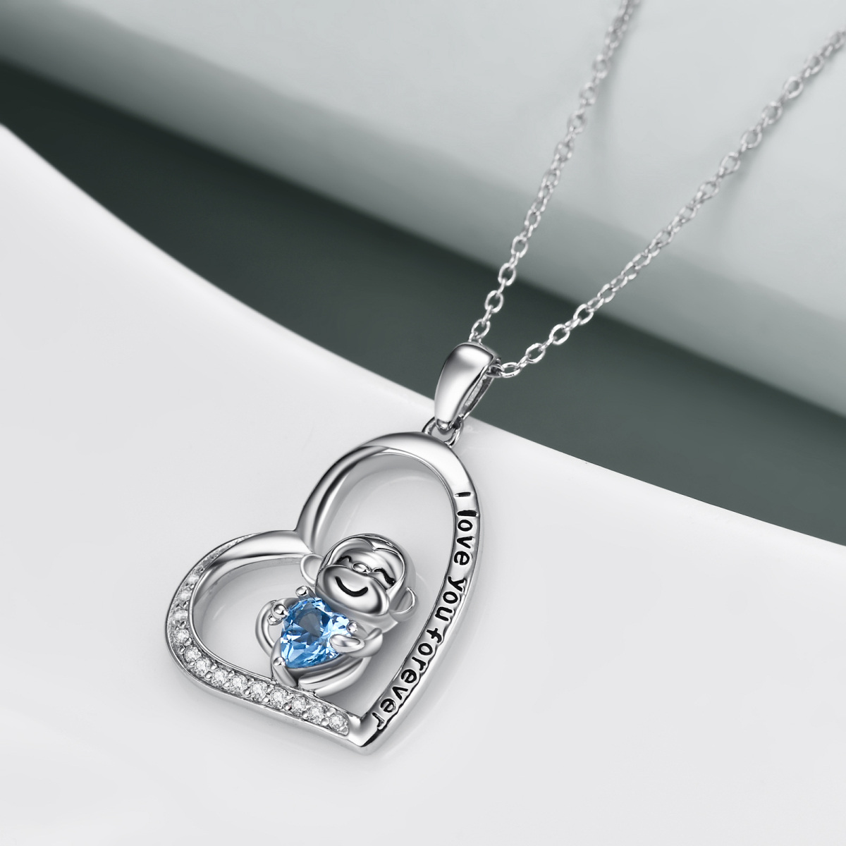 Collana con ciondolo a forma di cerchio e di cuore in argento sterling con scimmia e cuore in zircone e parola incisa-4