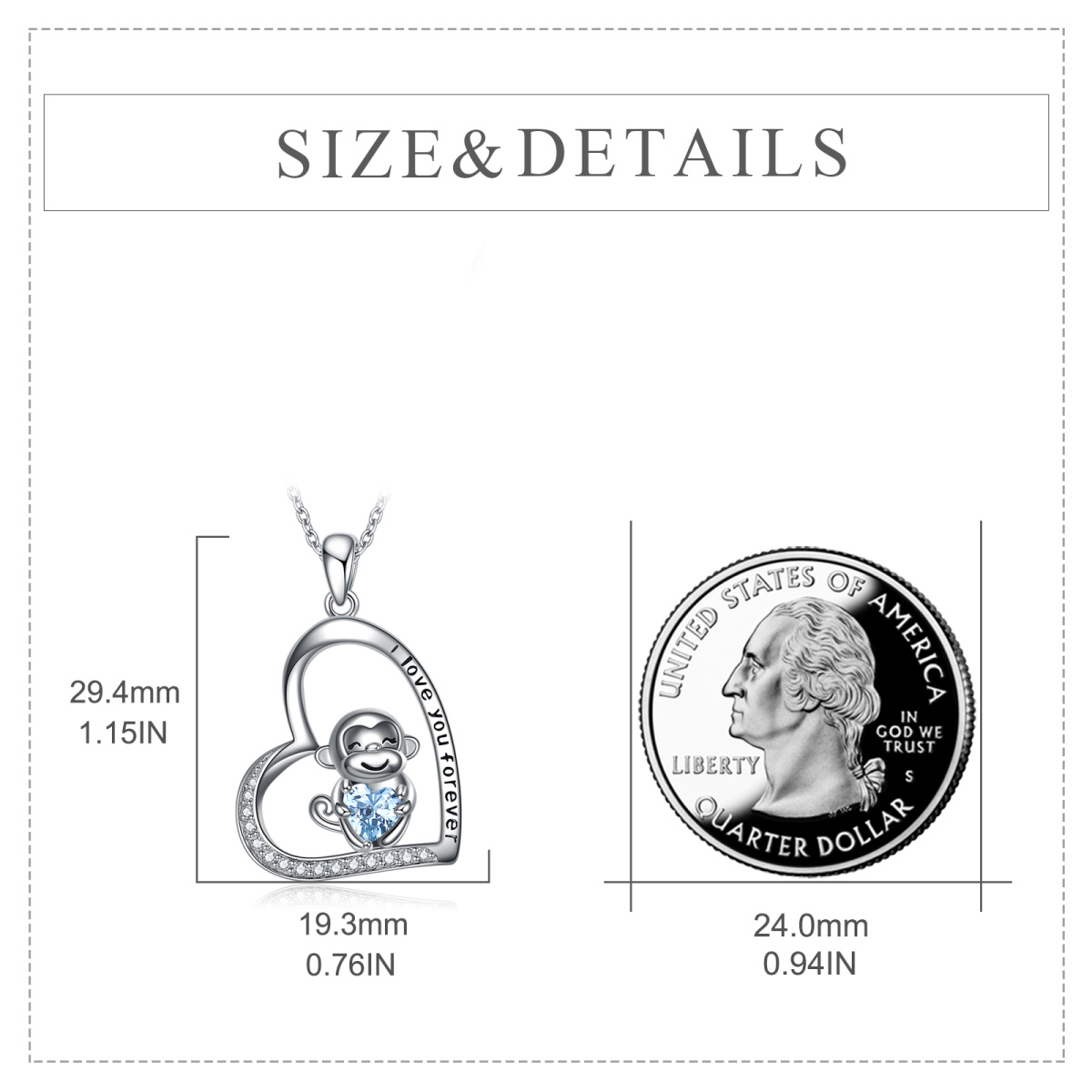 Sterling Silver Circular Shaped & Heart Shaped Zircon Monkey & Heart Pendant Necklace with Engraved Word-5