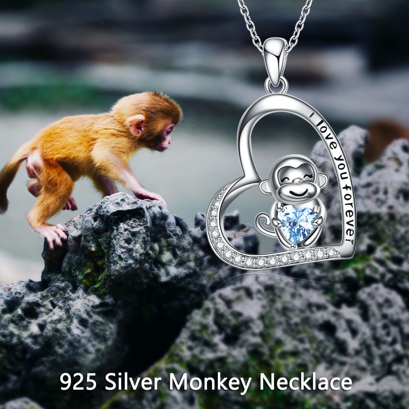 Sterling Silver Heart Zircon Monkey Pendant Necklace With Engraved Word For Women-6