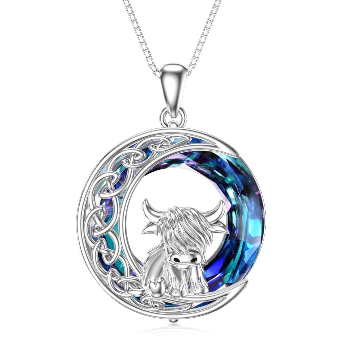 Collana da donna con pendente circolare in cristallo circolare con mucca delle Highland e nodo celtico in argento sterling-1