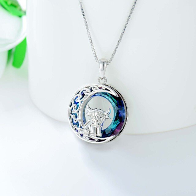 Sterling Silver Circular Shaped Highland Cow & Celtic Knot & Moon Crystal Pendant Necklace-3