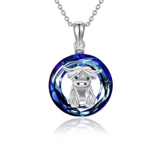 Collier en argent sterling avec pendentif en cristal Highland Cow de forme circulaire