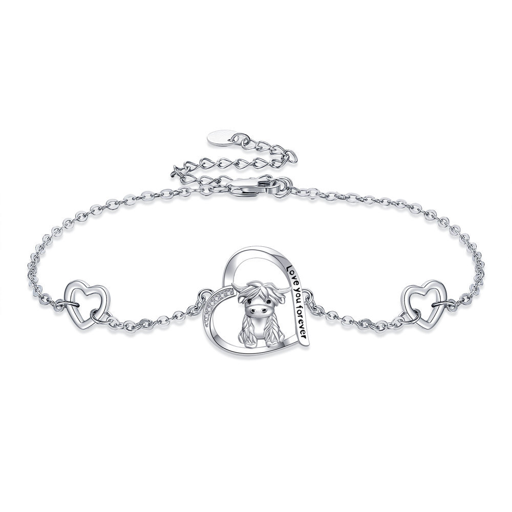 Pulsera de plata de ley con forma circular de circonita cúbica, vaca de las tierras altas-1