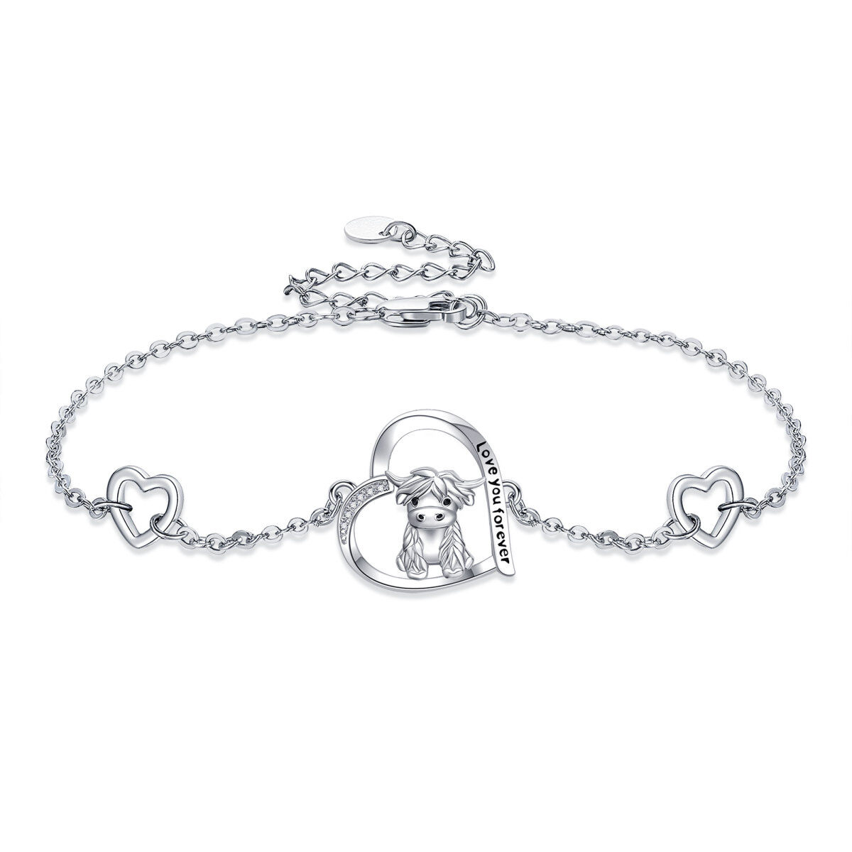 Sterling Silver Circular Shaped Cubic Zirconia Highland Cow & Heart Charm Bracelet with Engraved Word-1