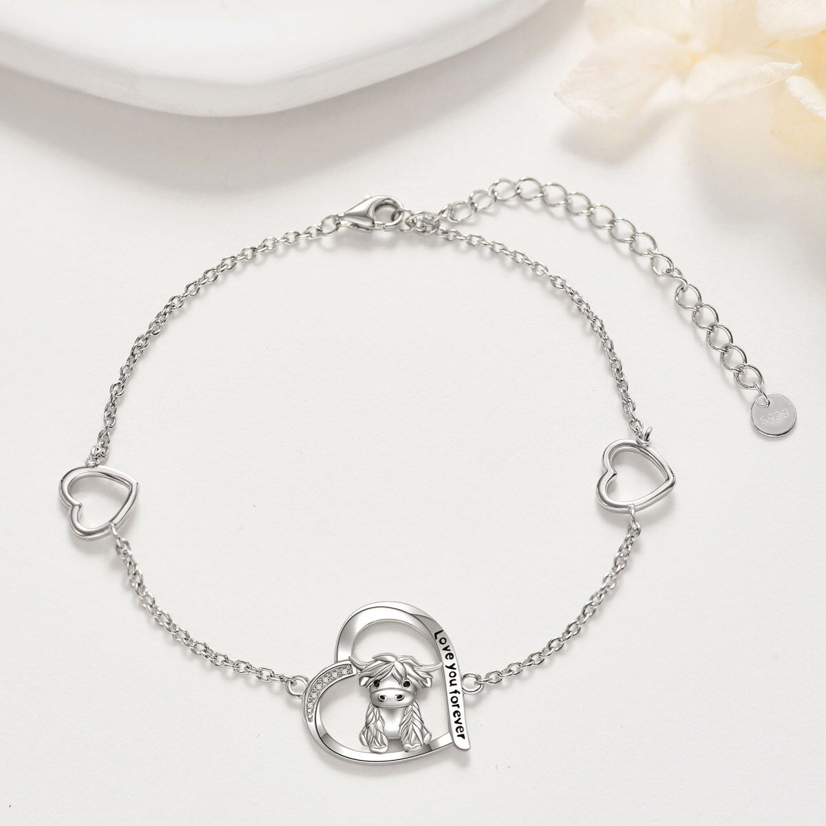 Sterling Silver Circular Shaped Cubic Zirconia Highland Cow & Heart Charm Bracelet with Engraved Word-3