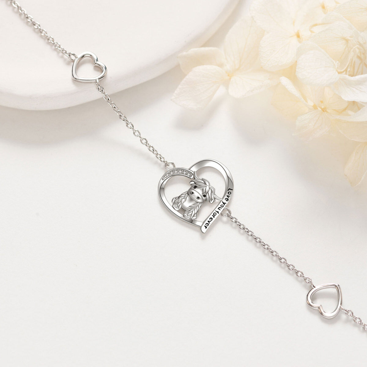 Sterling Silver Circular Shaped Cubic Zirconia Highland Cow & Heart Pendant Bracelet with Engraved Word-4