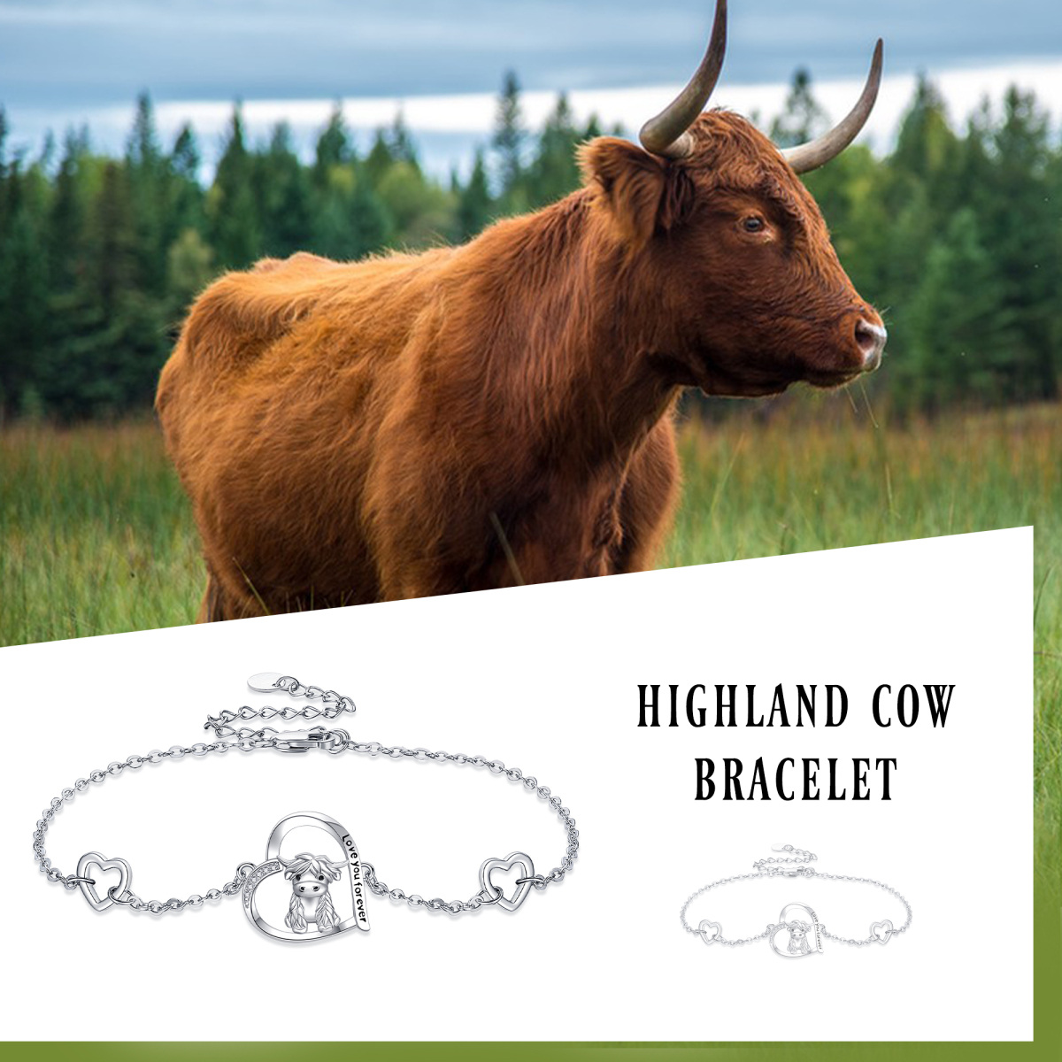 Sterling Silver Circular Shaped Cubic Zirconia Highland Cow & Heart Charm Bracelet with Engraved Word-6