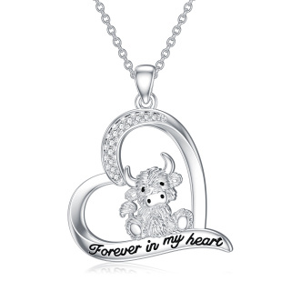 Sterling Silver Circular Shaped Cubic Zirconia Highland Cow & Heart Pendant Necklace with Engraved Word-43