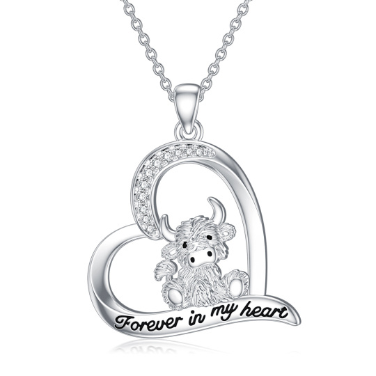 Collana in argento sterling con ciondolo a forma di circolare con zirconi e cuore di mucca Highland con parola incisa