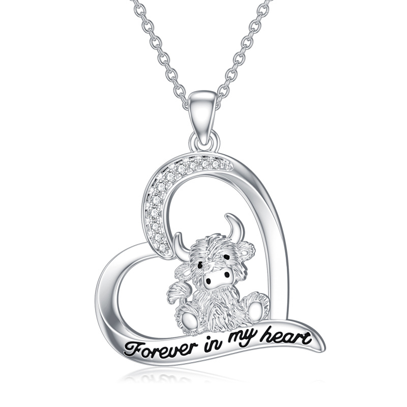 Sterling Silver Circular Shaped Cubic Zirconia Highland Cow & Heart Pendant Necklace with Engraved Word-7
