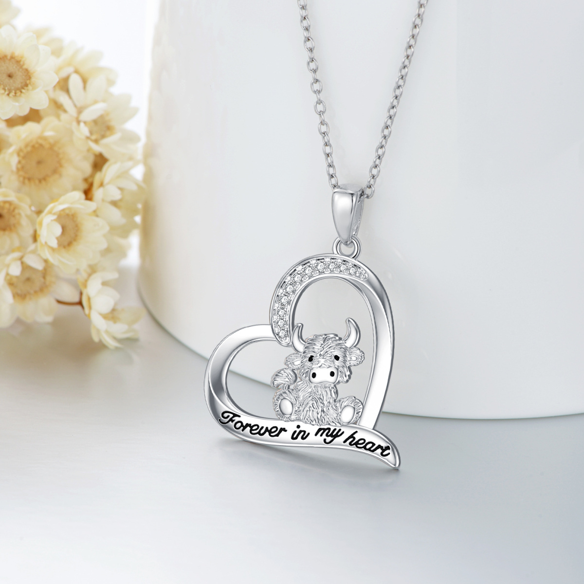 Sterling Silver Circular Shaped Cubic Zirconia Highland Cow & Heart Pendant Necklace with Engraved Word-3