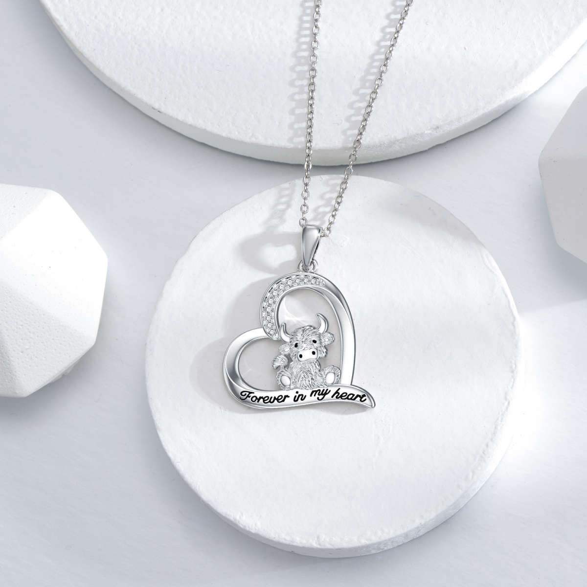 Sterling Silver Circular Shaped Cubic Zirconia Highland Cow & Heart Pendant Necklace with Engraved Word-4