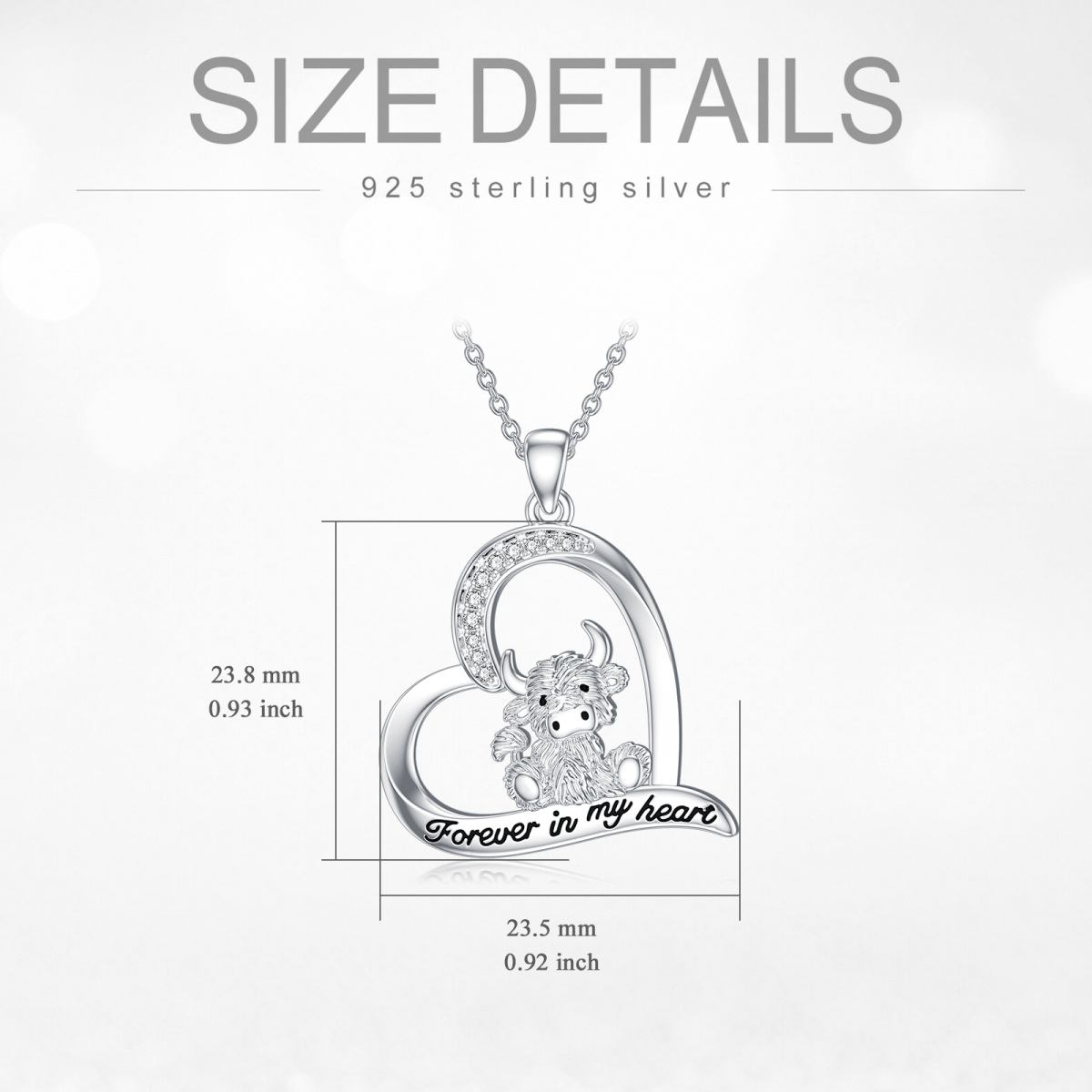 Sterling Silver Circular Shaped Cubic Zirconia Highland Cow & Heart Pendant Necklace with Engraved Word-5