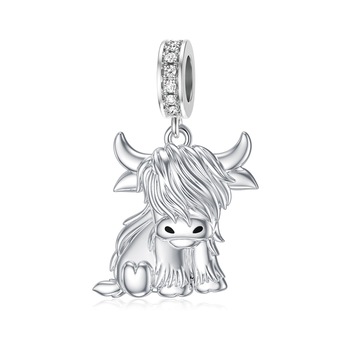 Sterling Silver Circular Shaped Cubic Zirconia Highland Cow Pendant Charms-1