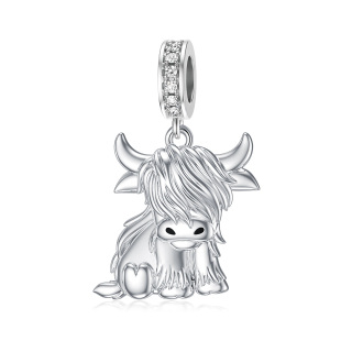 Sterling Silver Circular Shaped Cubic Zirconia Highland Cow Pendant Charms-35