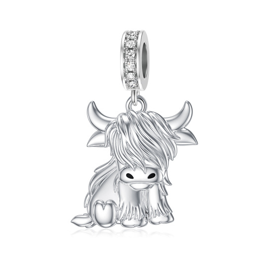 Sterling Silver Circular Shaped Cubic Zirconia Highland Cow Pendant Charms